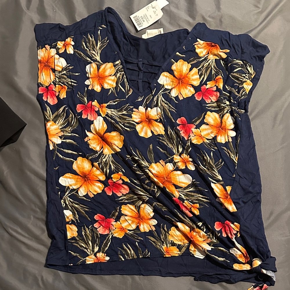 Floral Short Sleeve Top - Navy and Orange